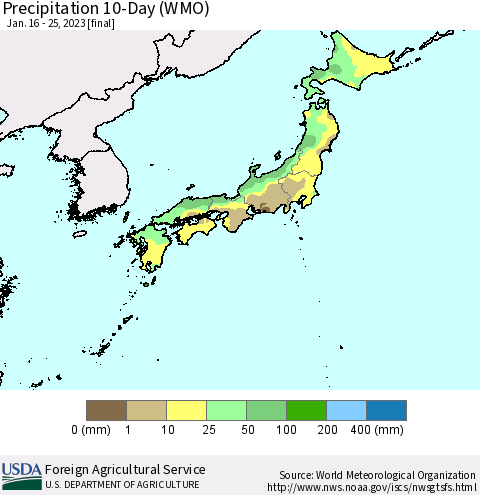 Japan Precipitation 10-Day (WMO) Thematic Map For 1/16/2023 - 1/25/2023