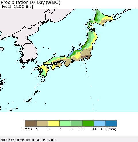 Japan Precipitation 10-Day (WMO) Thematic Map For 12/16/2023 - 12/25/2023
