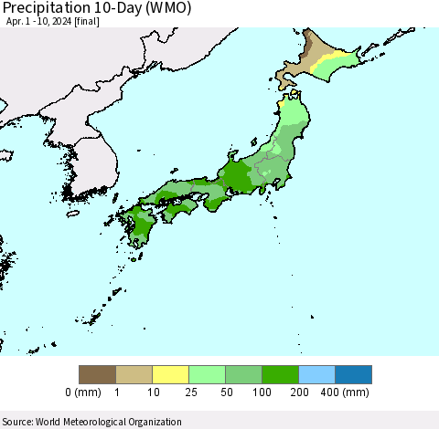 Japan Precipitation 10-Day (WMO) Thematic Map For 4/1/2024 - 4/10/2024