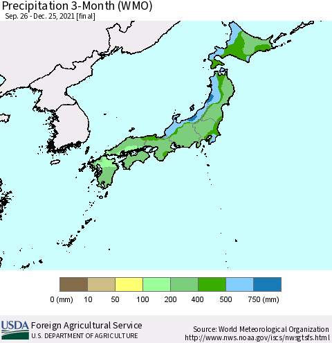Japan Precipitation 3-Month (WMO) Thematic Map For 9/26/2021 - 12/25/2021