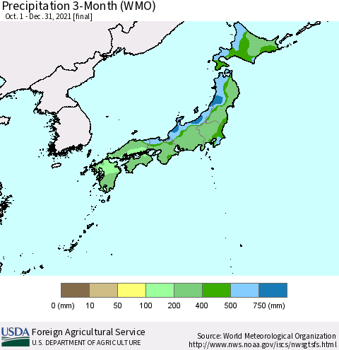 Japan Precipitation 3-Month (WMO) Thematic Map For 10/1/2021 - 12/31/2021