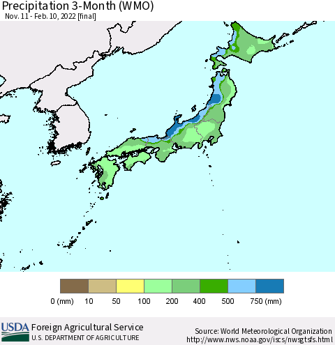Japan Precipitation 3-Month (WMO) Thematic Map For 11/11/2021 - 2/10/2022