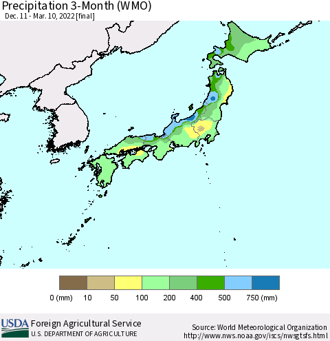 Japan Precipitation 3-Month (WMO) Thematic Map For 12/11/2021 - 3/10/2022