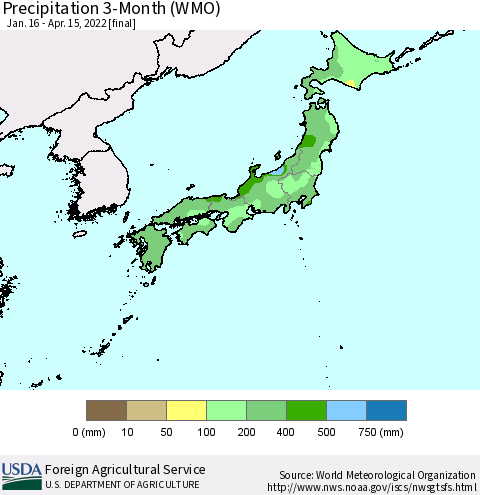 Japan Precipitation 3-Month (WMO) Thematic Map For 1/16/2022 - 4/15/2022