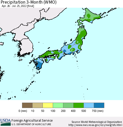 Japan Precipitation 3-Month (WMO) Thematic Map For 4/26/2022 - 7/25/2022