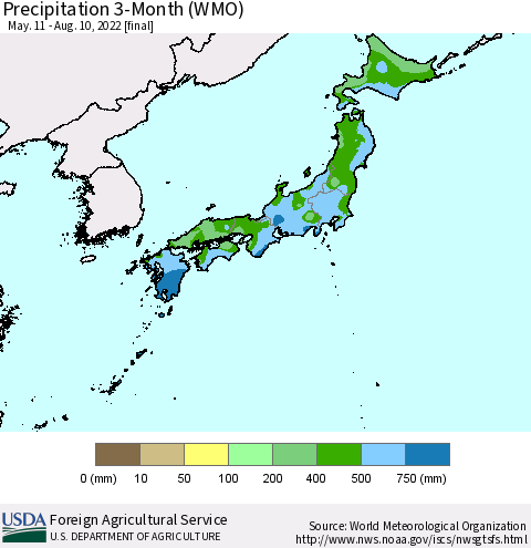 Japan Precipitation 3-Month (WMO) Thematic Map For 5/11/2022 - 8/10/2022