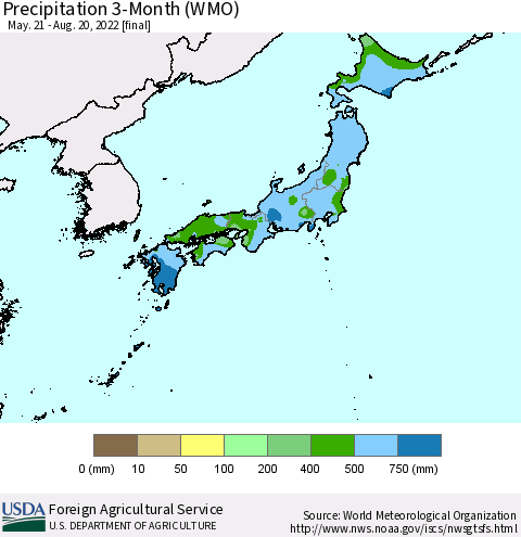 Japan Precipitation 3-Month (WMO) Thematic Map For 5/21/2022 - 8/20/2022