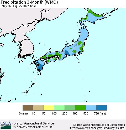 Japan Precipitation 3-Month (WMO) Thematic Map For 5/26/2022 - 8/25/2022