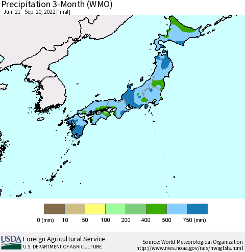 Japan Precipitation 3-Month (WMO) Thematic Map For 6/21/2022 - 9/20/2022