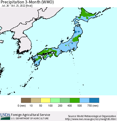 Japan Precipitation 3-Month (WMO) Thematic Map For 7/26/2022 - 10/25/2022