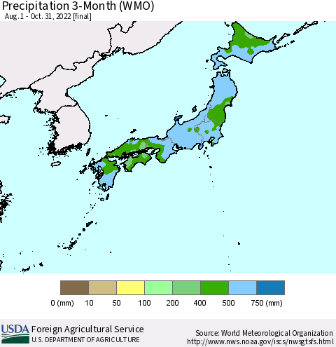 Japan Precipitation 3-Month (WMO) Thematic Map For 8/1/2022 - 10/31/2022