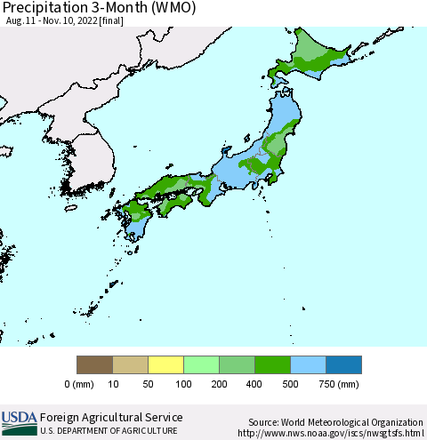 Japan Precipitation 3-Month (WMO) Thematic Map For 8/11/2022 - 11/10/2022