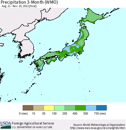 Japan Precipitation 3-Month (WMO) Thematic Map For 8/21/2022 - 11/20/2022