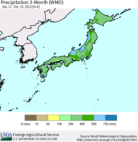 Japan Precipitation 3-Month (WMO) Thematic Map For 9/11/2022 - 12/10/2022