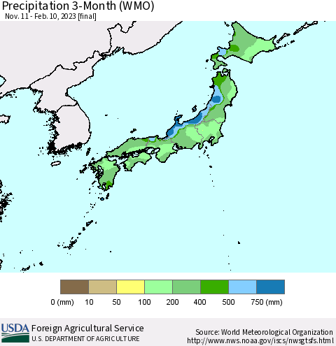 Japan Precipitation 3-Month (WMO) Thematic Map For 11/11/2022 - 2/10/2023