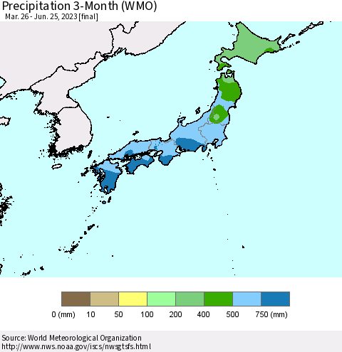 Japan Precipitation 3-Month (WMO) Thematic Map For 3/26/2023 - 6/25/2023