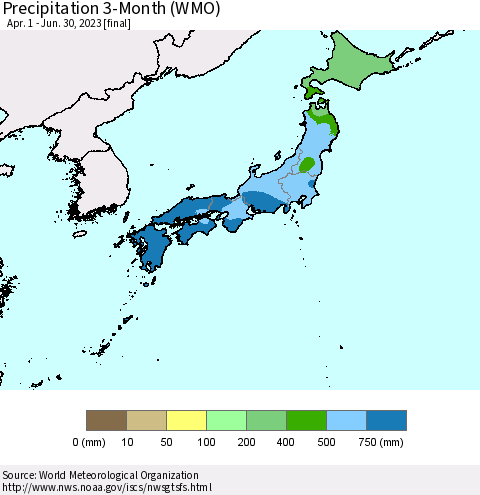 Japan Precipitation 3-Month (WMO) Thematic Map For 4/1/2023 - 6/30/2023