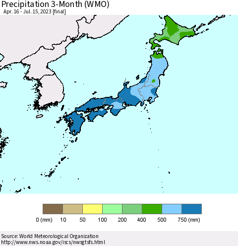 Japan Precipitation 3-Month (WMO) Thematic Map For 4/16/2023 - 7/15/2023