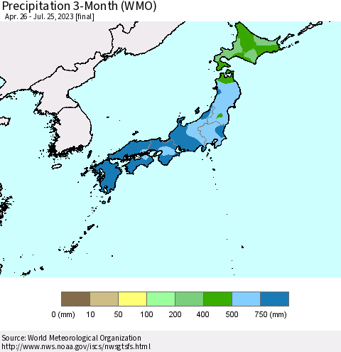 Japan Precipitation 3-Month (WMO) Thematic Map For 4/26/2023 - 7/25/2023
