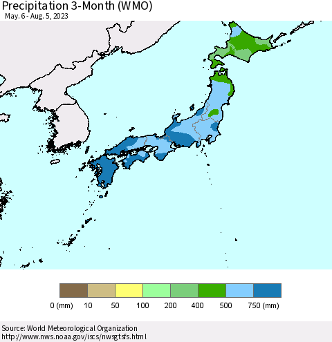 Japan Precipitation 3-Month (WMO) Thematic Map For 5/6/2023 - 8/5/2023