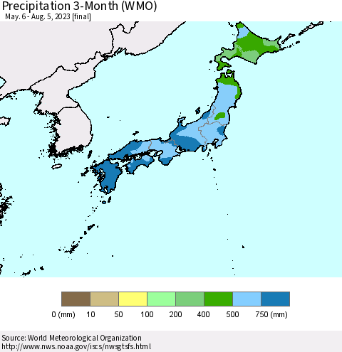 Japan Precipitation 3-Month (WMO) Thematic Map For 5/6/2023 - 8/5/2023
