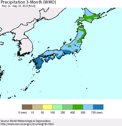 Japan Precipitation 3-Month (WMO) Thematic Map For 5/11/2023 - 8/10/2023