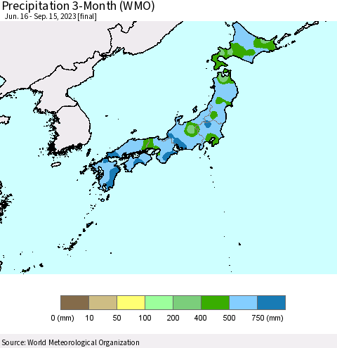Japan Precipitation 3-Month (WMO) Thematic Map For 6/16/2023 - 9/15/2023