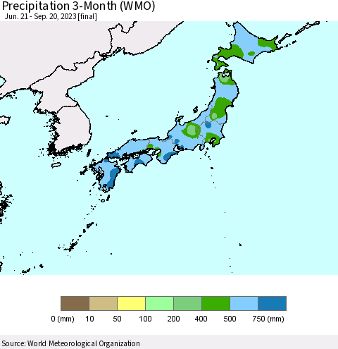 Japan Precipitation 3-Month (WMO) Thematic Map For 6/21/2023 - 9/20/2023