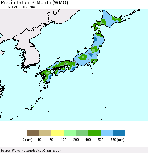 Japan Precipitation 3-Month (WMO) Thematic Map For 7/6/2023 - 10/5/2023