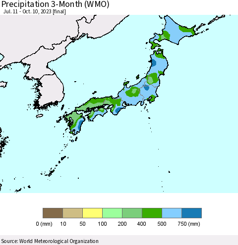 Japan Precipitation 3-Month (WMO) Thematic Map For 7/11/2023 - 10/10/2023