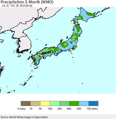 Japan Precipitation 3-Month (WMO) Thematic Map For 7/21/2023 - 10/20/2023