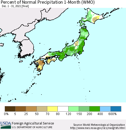 Japan Percent of Normal Precipitation 1-Month (WMO) Thematic Map For 12/1/2021 - 12/31/2021