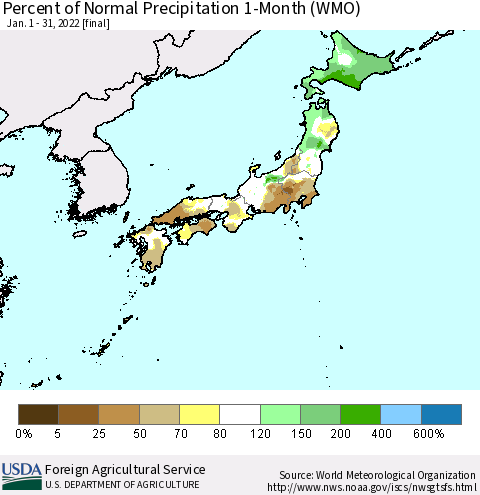 Japan Percent of Normal Precipitation 1-Month (WMO) Thematic Map For 1/1/2022 - 1/31/2022
