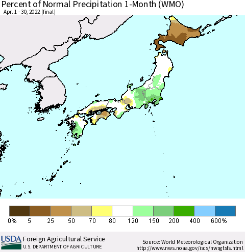 Japan Percent of Normal Precipitation 1-Month (WMO) Thematic Map For 4/1/2022 - 4/30/2022