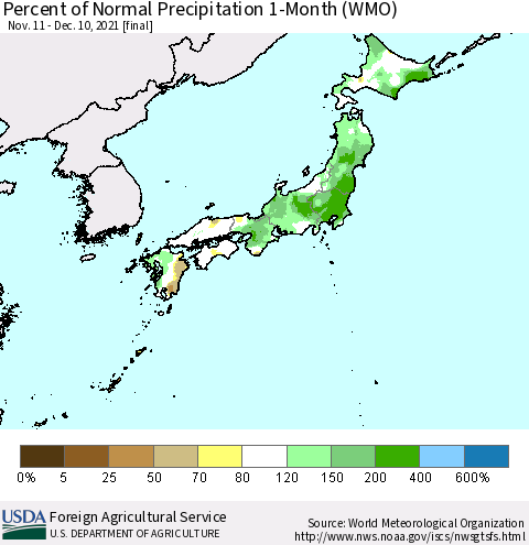 Japan Percent of Normal Precipitation 1-Month (WMO) Thematic Map For 11/11/2021 - 12/10/2021