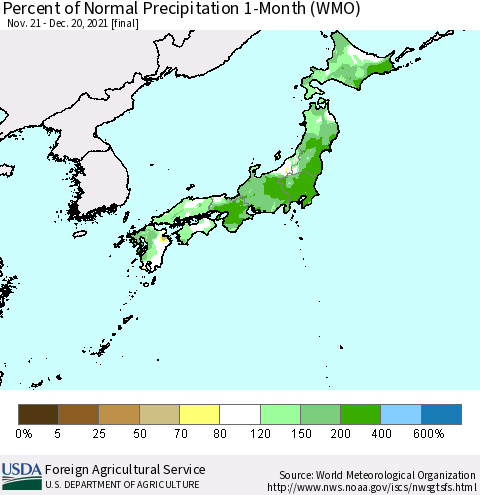 Japan Percent of Normal Precipitation 1-Month (WMO) Thematic Map For 11/21/2021 - 12/20/2021