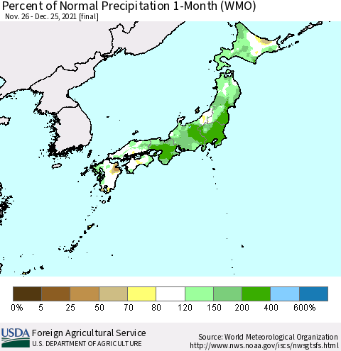 Japan Percent of Normal Precipitation 1-Month (WMO) Thematic Map For 11/26/2021 - 12/25/2021