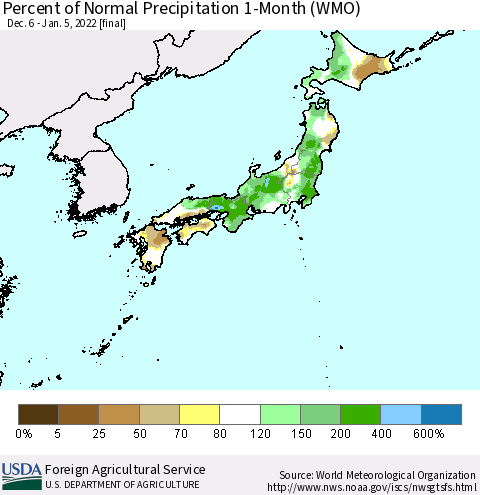 Japan Percent of Normal Precipitation 1-Month (WMO) Thematic Map For 12/6/2021 - 1/5/2022