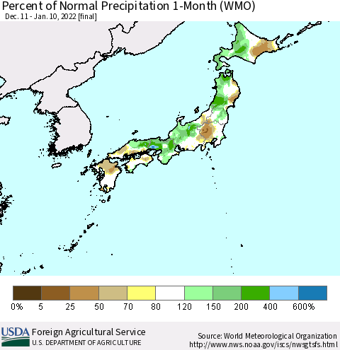 Japan Percent of Normal Precipitation 1-Month (WMO) Thematic Map For 12/11/2021 - 1/10/2022