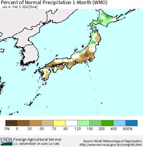 Japan Percent of Normal Precipitation 1-Month (WMO) Thematic Map For 1/6/2022 - 2/5/2022