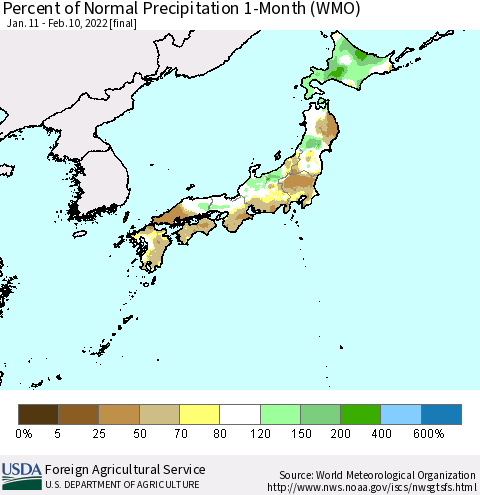 Japan Percent of Normal Precipitation 1-Month (WMO) Thematic Map For 1/11/2022 - 2/10/2022
