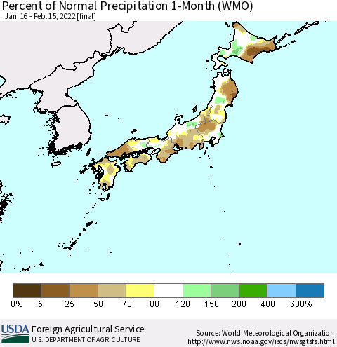 Japan Percent of Normal Precipitation 1-Month (WMO) Thematic Map For 1/16/2022 - 2/15/2022