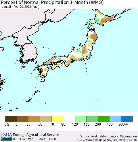 Japan Percent of Normal Precipitation 1-Month (WMO) Thematic Map For 1/21/2022 - 2/20/2022