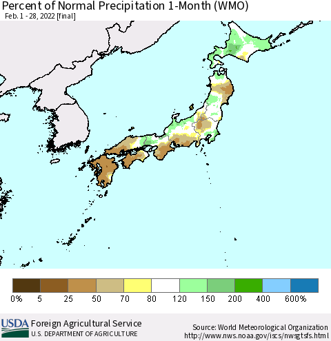 Japan Percent of Normal Precipitation 1-Month (WMO) Thematic Map For 2/1/2022 - 2/28/2022