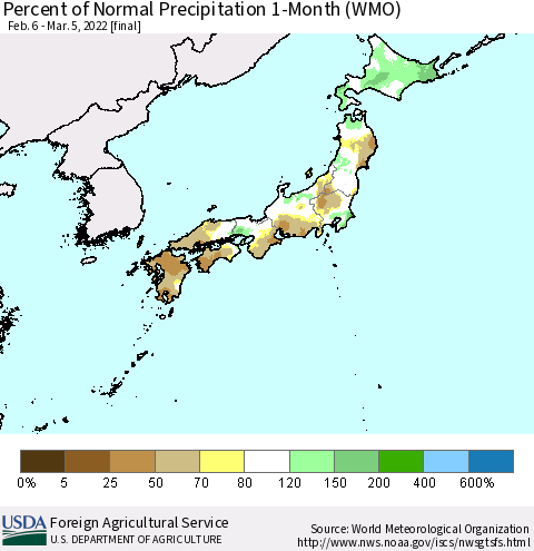Japan Percent of Normal Precipitation 1-Month (WMO) Thematic Map For 2/6/2022 - 3/5/2022