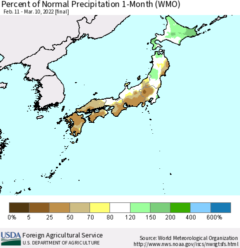 Japan Percent of Normal Precipitation 1-Month (WMO) Thematic Map For 2/11/2022 - 3/10/2022