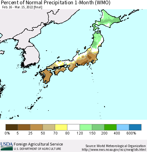 Japan Percent of Normal Precipitation 1-Month (WMO) Thematic Map For 2/16/2022 - 3/15/2022