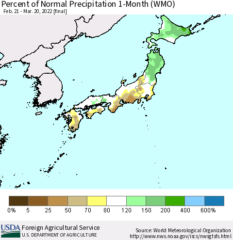 Japan Percent of Normal Precipitation 1-Month (WMO) Thematic Map For 2/21/2022 - 3/20/2022