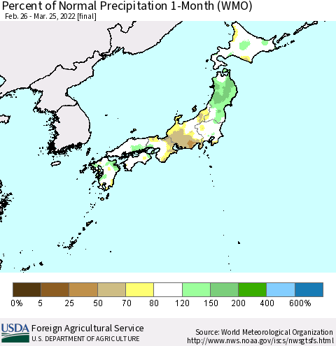 Japan Percent of Normal Precipitation 1-Month (WMO) Thematic Map For 2/26/2022 - 3/25/2022