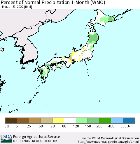 Japan Percent of Normal Precipitation 1-Month (WMO) Thematic Map For 3/1/2022 - 3/31/2022